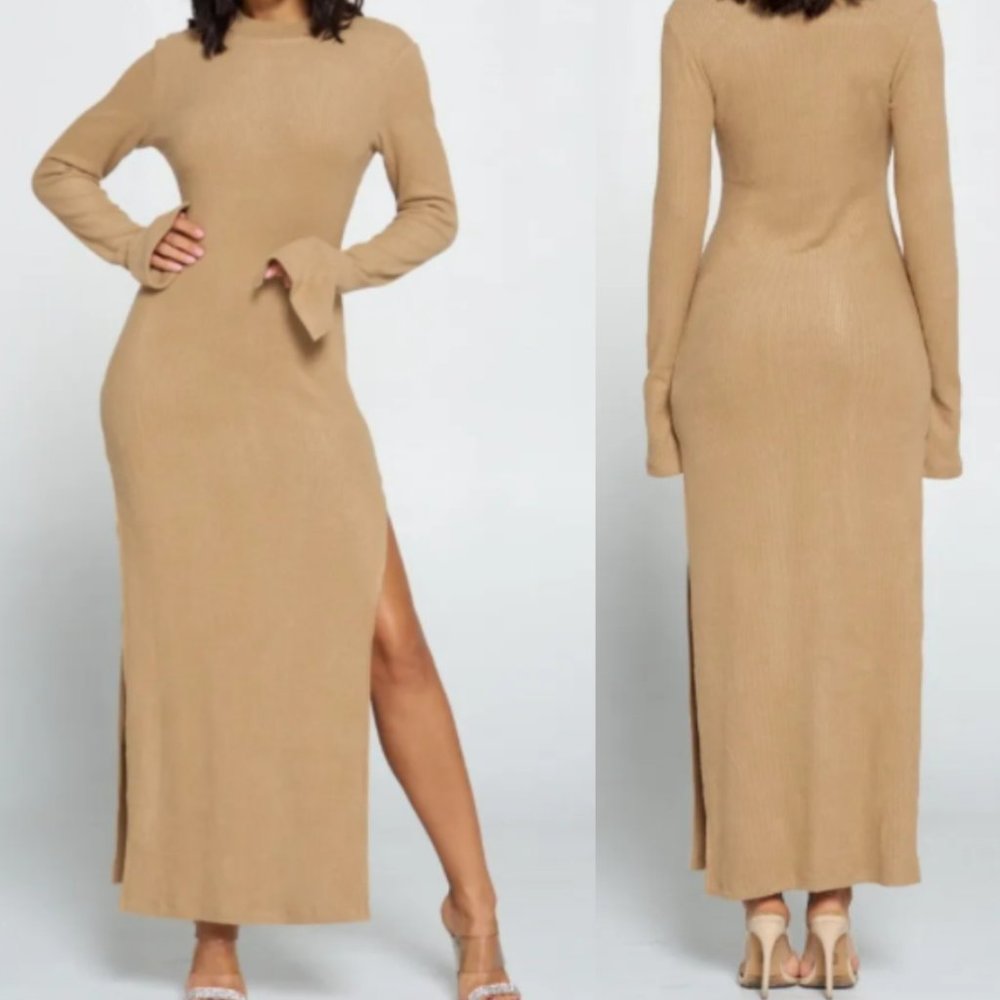 NWT Brown Butterscotch Babe Side Slits Long Sleeves Pullover Maxi Dress